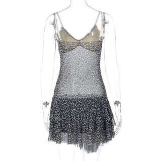 Leopard print lace hem mesh v neck cami mini dress