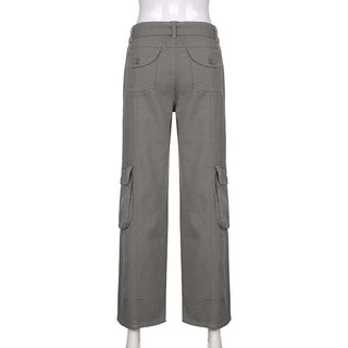 Tie waist pocket button solid straight leg cargo jeans