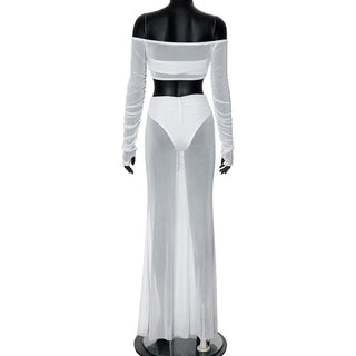 Long sleeve off shoulder ruched mesh maxi skirt set