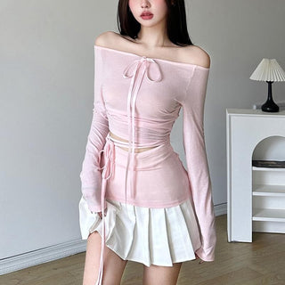 Long sleeve halter ribbon round neck top