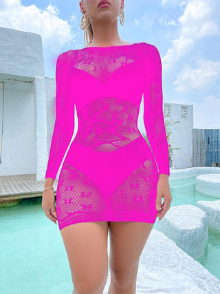Long sleeve crewneck fishnet pattern mini dress