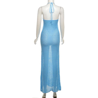 Halter knitted flower pattern see through maxi dress