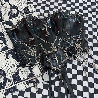 Zip-up metal chain cross applique PU leather lace up top