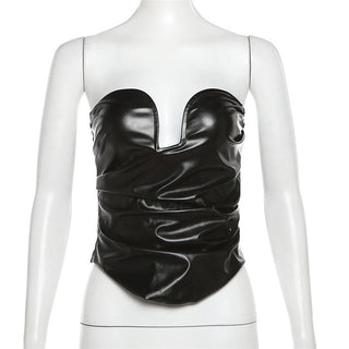 PU leather ruched sweetheart neck solid tube top