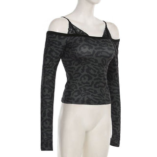 Leopard print long sleeve lace hem off shoulder top