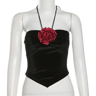 Halter velvet flower applique backless top