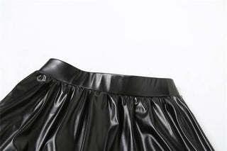 Irregular one shoulder PU leather ruched mini skirt set