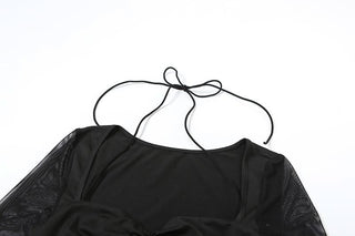 Long sleeve halter mesh ruched ruffle mini dress