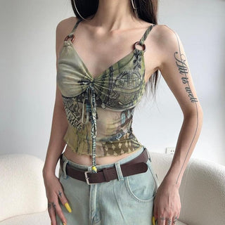 O ring ruched patchwork beaded mesh knotted cami top