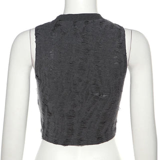 Sleeveless textured star applique hollow out solid crop cut out top