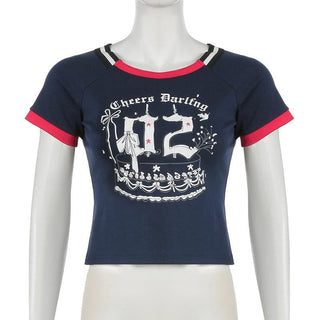 Short sleeve letter print contrast stitch top