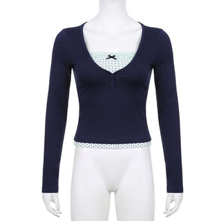 Polka dot patchwork long sleeve lace hem button top