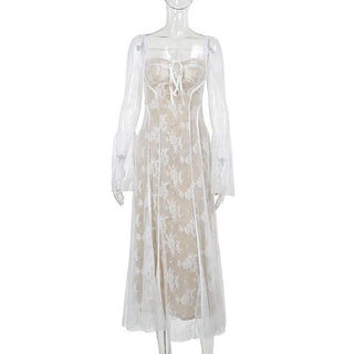 Long flared sleeve contrast zip-up lace self tie maxi dress-final-sale