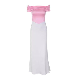 Short sleeve off shoulder ruched satin lace up midi dress