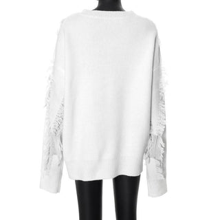 Long sleeve crewneck tassels knitted top