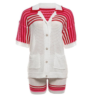 Turnover collar short sleeve button hollow out pant set