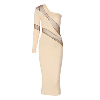 Long sleeve mesh backless one shoulder midi dress