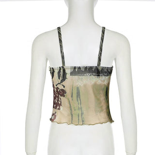 O ring ruched patchwork beaded mesh knotted cami top
