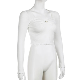 Long sleeve textured flower applique crop top