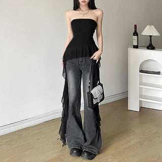 Ruffle mesh ruched irregular solid tube top