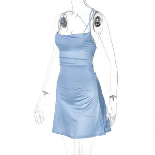 Cross back solid satin cowl neck lace up self tie backless mini dress
