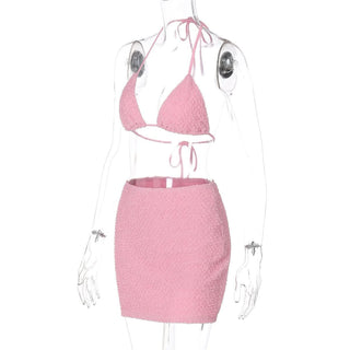 Textured halter self tie v neck solid mini skirt set