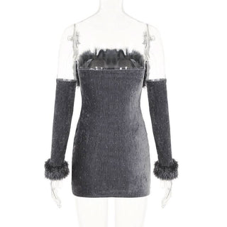 Fluffy gloves beaded tube mini dress