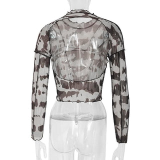 Sheer mesh see through print stitch ruffle open back top