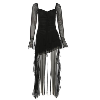 Long flared sleeve irregular mesh ruched mini dress