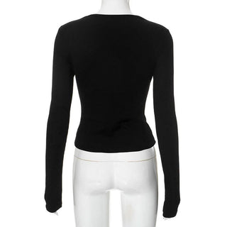 Long sleeve hollow out ribbed crewneck ruched cut out top
