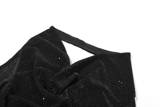 Long sleeve off shoulder halter cowl neck glitter mesh mini dress