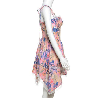 Lace hem zip-up print v neck cami mini dress