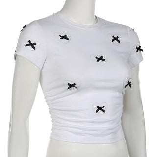 Short sleeve bowknot beaded ruched top
