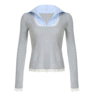 Turnover collar patchwork long sleeve lace hem knitted top