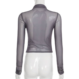 High neck long sleeve mesh butterfly print top