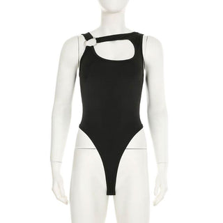 Hollow out o ring button irregular solid bodysuit