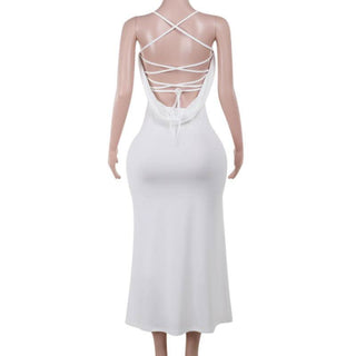 Self tie cross back v neck lace ruched midi dress