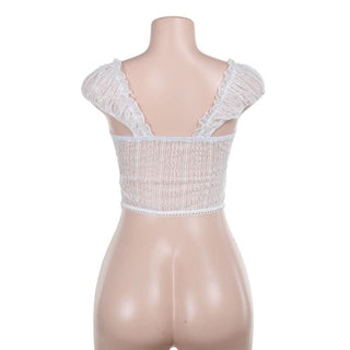 Ruffle v neck lace cap sleeve self tie crop top