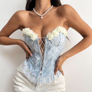 Embroidery corset lace hem flower applique tube top