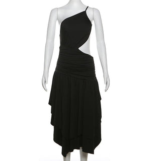 One shoulder hollow out ruched ruffle cut out midi dress