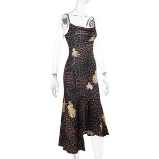 U neck leopard print irregular cami midi dress