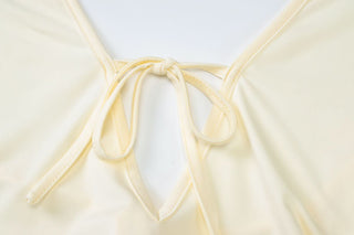 Slit halter self tie v neck ruffle solid maxi dress