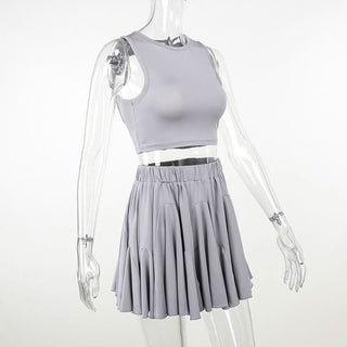 Crewneck ruched backless solid mini skirt set