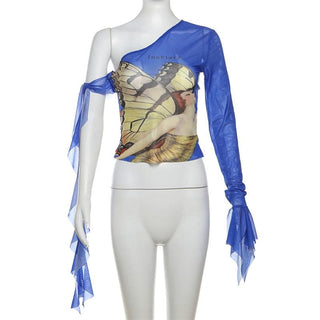 Off shoulder flared sleeve mesh print ruffle top