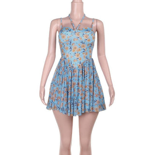 Halter sweetheart neck flower print mesh cami mini dress