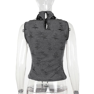 Sleeveless high neck buckle patchwork top
