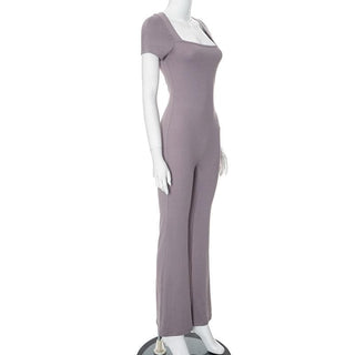 Short sleeve square neck zip-up solid jumpsuit