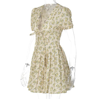 Short puff sleeve pleated zip-up flower print mini dress