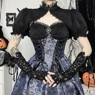 Puff sleeve lace hem button shrug top