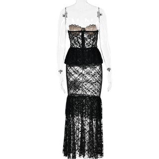 Sweetheart neck lace see through bustier ruched tube maxi dress